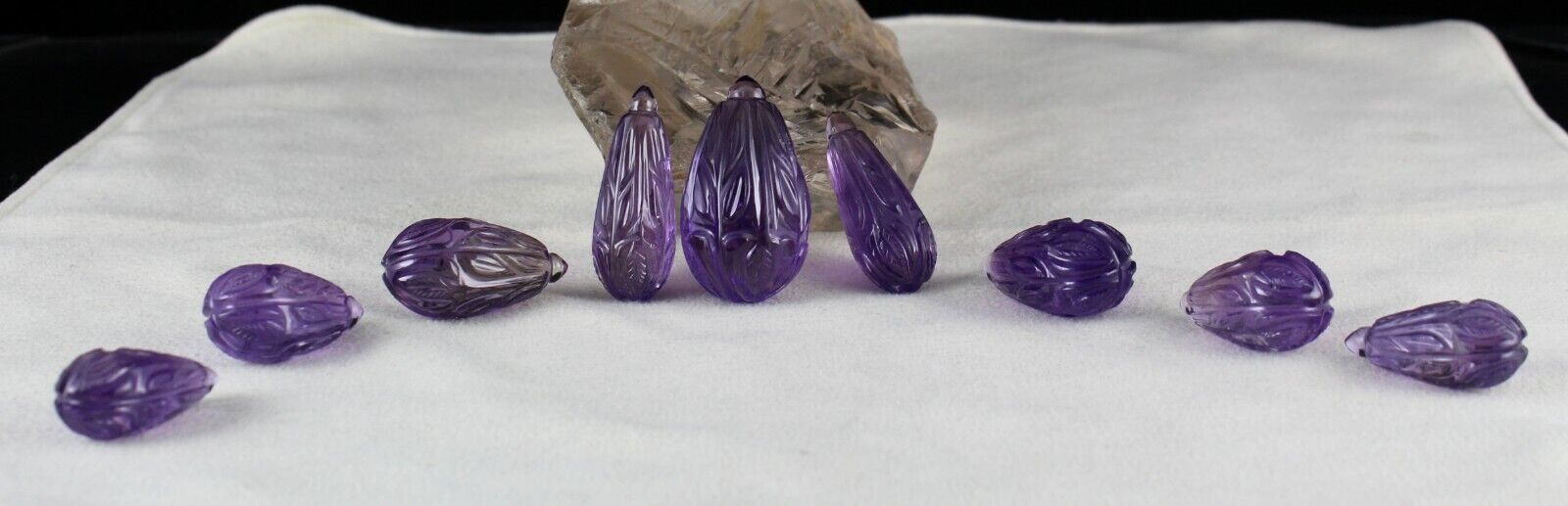 NATURAL AMETHYST CARVED DROPS 9 PCS 408 CTS LOOSE GEMSTONE EARRING NECKLACE SET