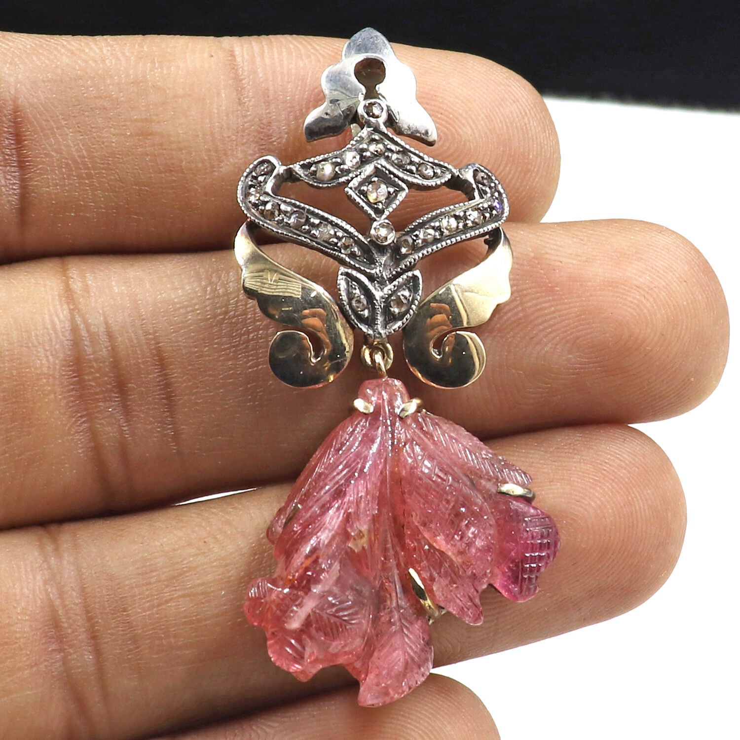 ANTIQUE PINK TOURMALINE DIAMOND 925 SILVER 18K GOLD VICTORIAN GEMSTONE PENDANT