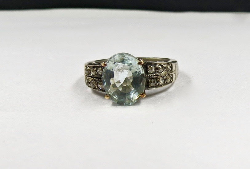 Aquamarine Blue Oval 24.21ct Natural Diamond 18k Gold Ring 925 Sterling Silver