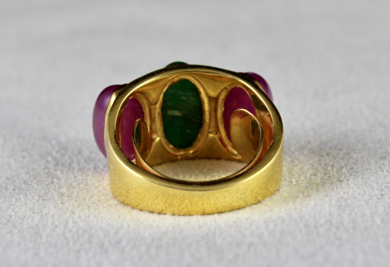 ANTIQUE NATURAL EMERALD RUBY CABOCHON GEMSTONE DIAMOND GOLD PLATED SILVER RING