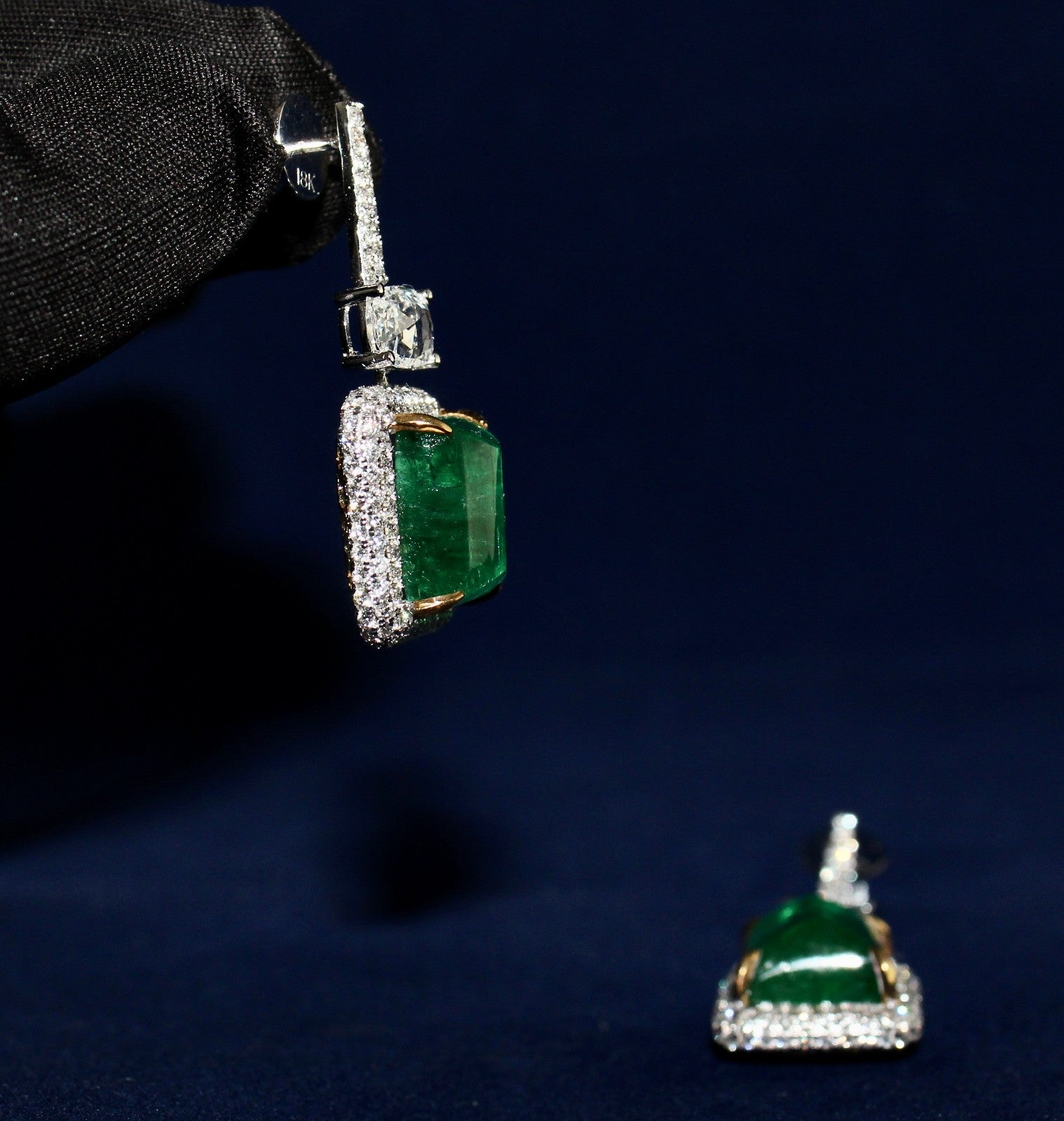 Certified Natural Emerald Cabochon Diamond Earrings 18k Gold Dangle Fine Jewelry