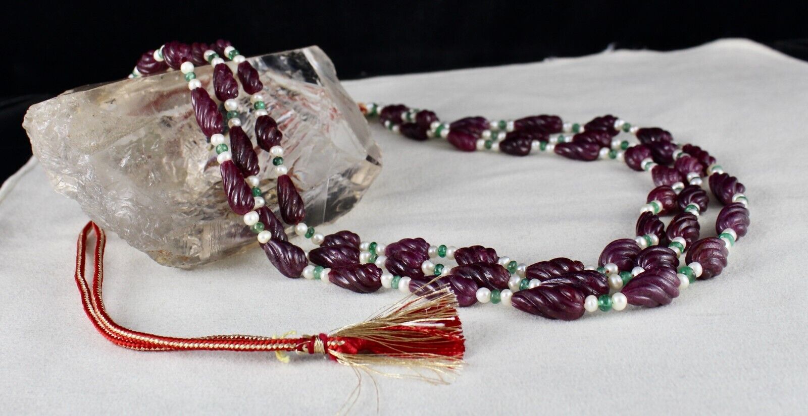 NATURAL RUBY BEADS CARVED TEAR DROPS 3 L 525 CTS EMERALD PEARL GEMSTONE NECKLACE
