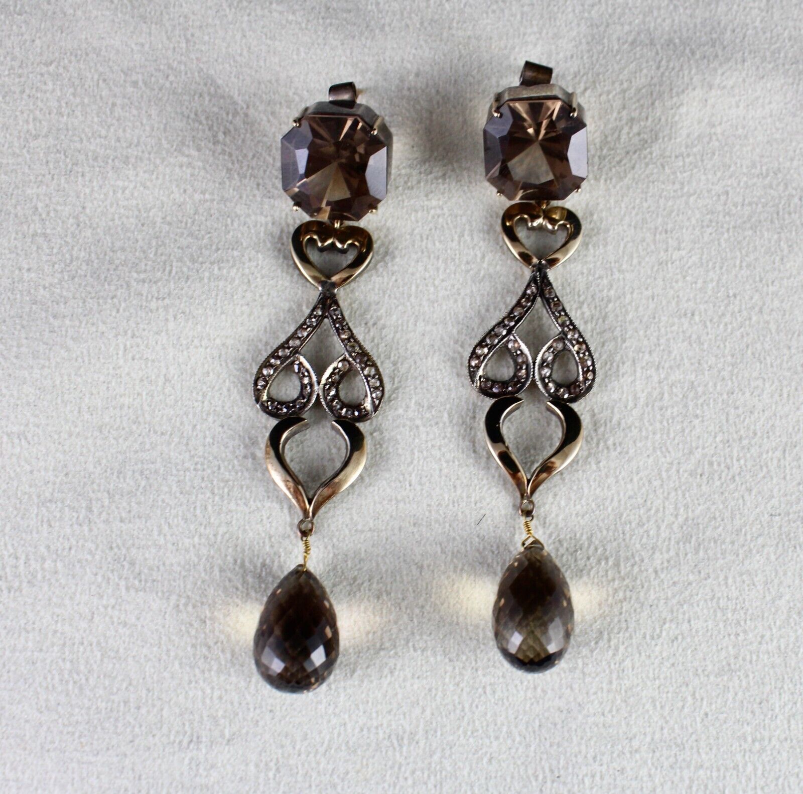 NATURAL SMOKY QUARTZ GEMSTONE DIAMOND 18K GOLD VICTORIAN SILVER DANGLE EARRING