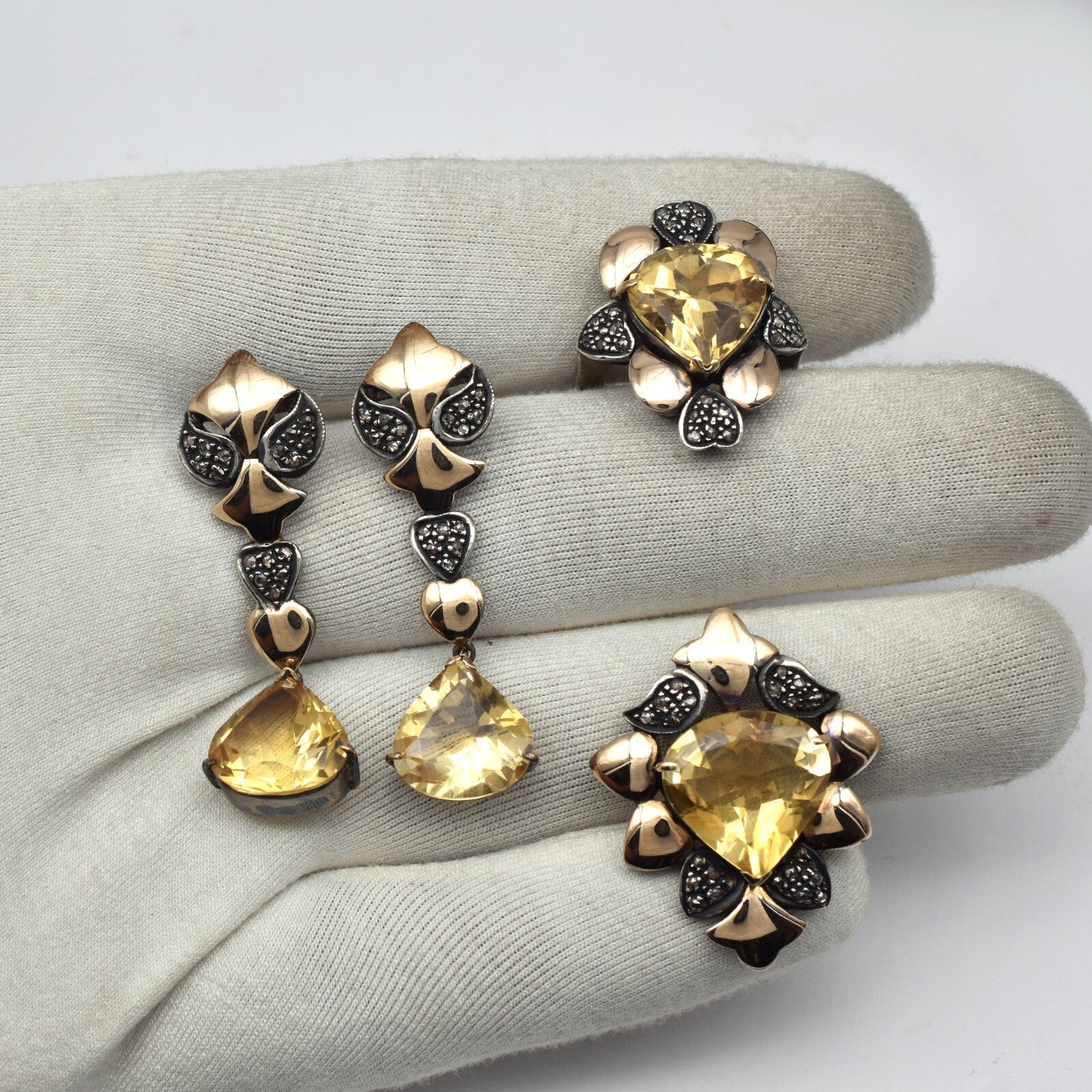 Natural Yellow Citrine 10ct Natural Diamond 18k Gold Sterling Silver Set