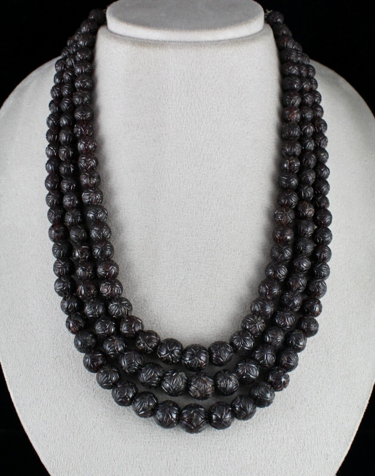 NATURAL RED GARNET CARVED BEADS 3 LINE 1686 CARATS GEMSTONE OLD SILVER NECKLACE