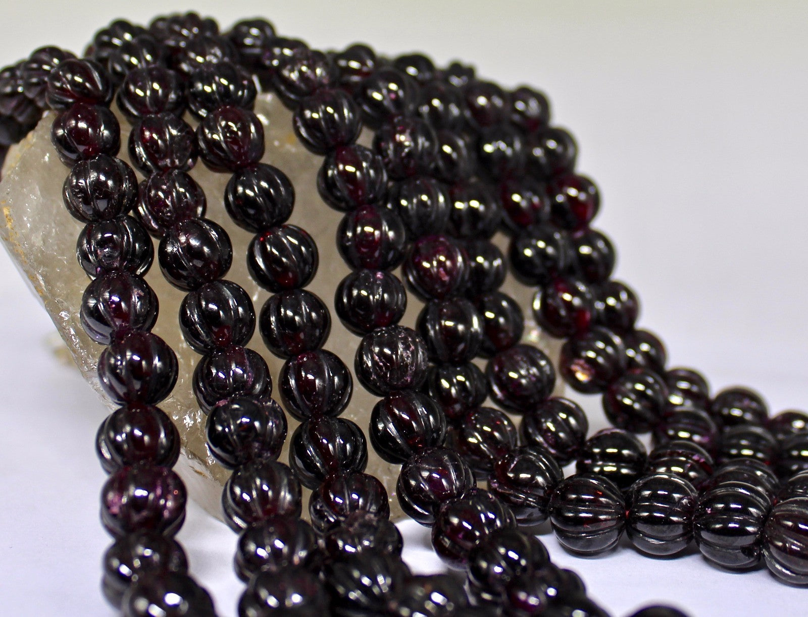 Natural Garnet 2392 Ct Carved Melon Beads Necklace Sterling Silver Hook