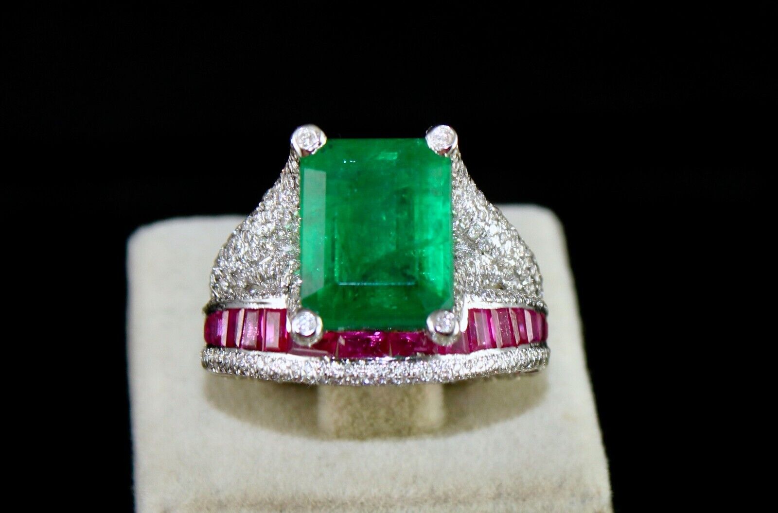 Zambia Emerald Octagon Ruby Cut Diamond Cocktail Ring, 18K Gold Statement Ring