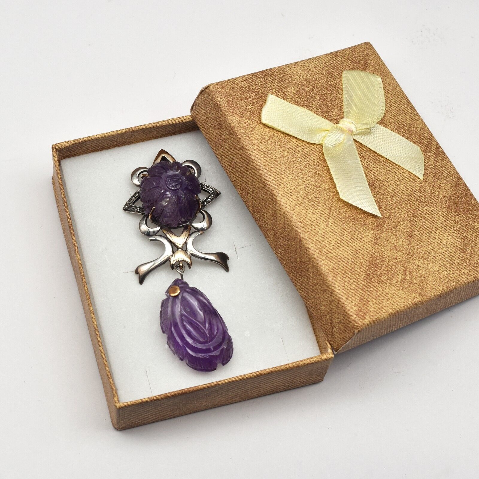 Vintage Natural Amethyst Engraved Diamond 18K Gold 925 Silver Victorian Pendant