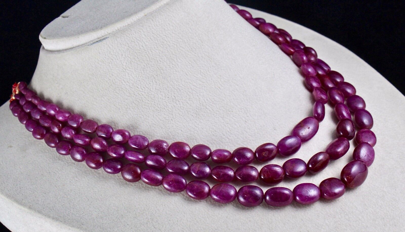 NATURAL UNTREATED RED RUBY BEADS CABOCHON 3 LINE 595 CARATS GEMSTONE NECKLACE