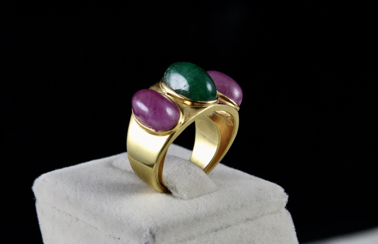 ANTIQUE NATURAL EMERALD RUBY CABOCHON GEMSTONE DIAMOND GOLD PLATED SILVER RING