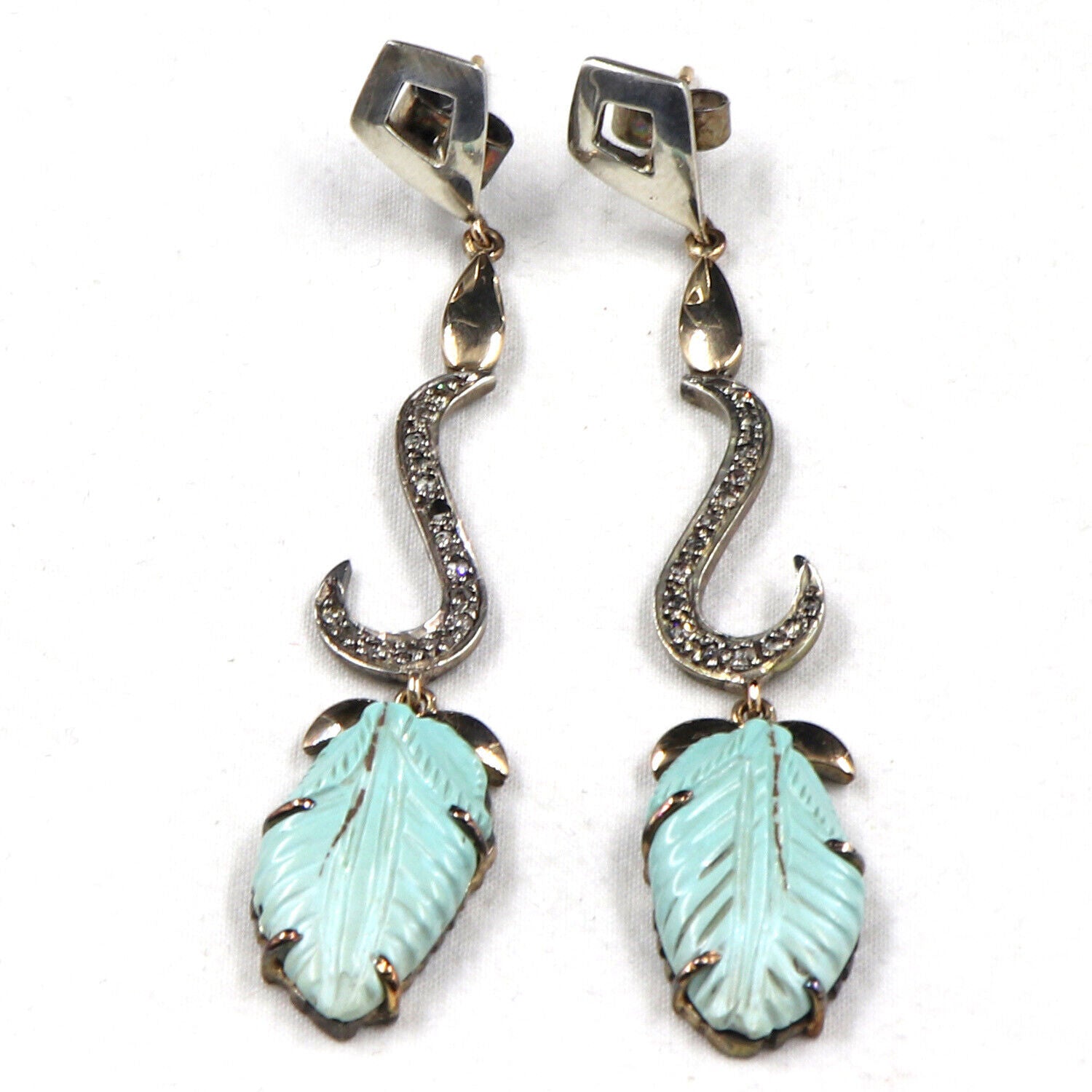 Turquoise Carved Leaves Diamond 18K Gold 925 Silver Victorian Gemstone Earring