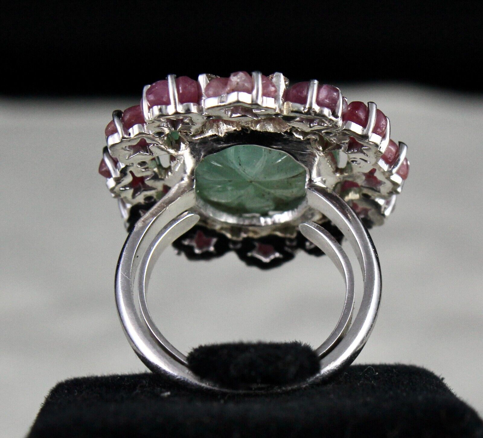 Antique Natural Emerald Ruby Carved Gemstone Diamond Silver Big Cocktail Ring