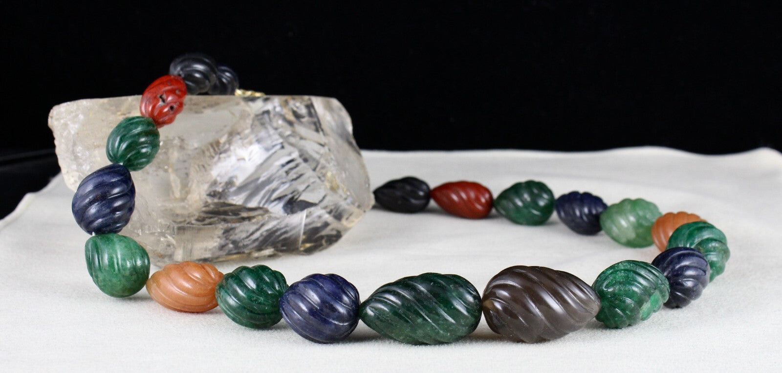 Natural Semi Precious Carved Melon Beads 942 Ct Sterling Silver Necklace