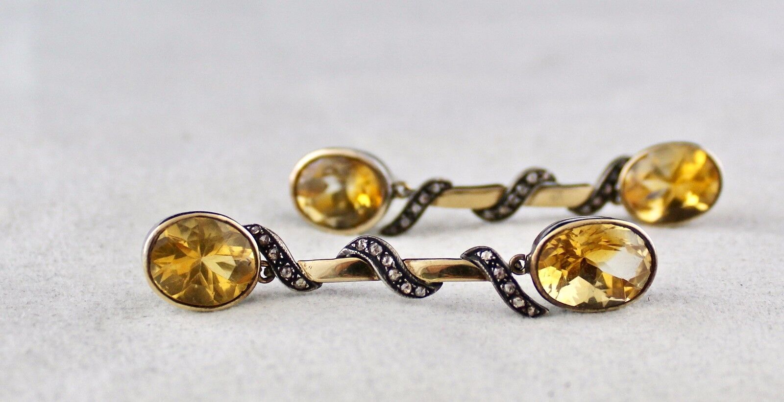 Unique Natural Yellow Citrine Oval Diamond 18K Gold 925 Silver Victorian Earring