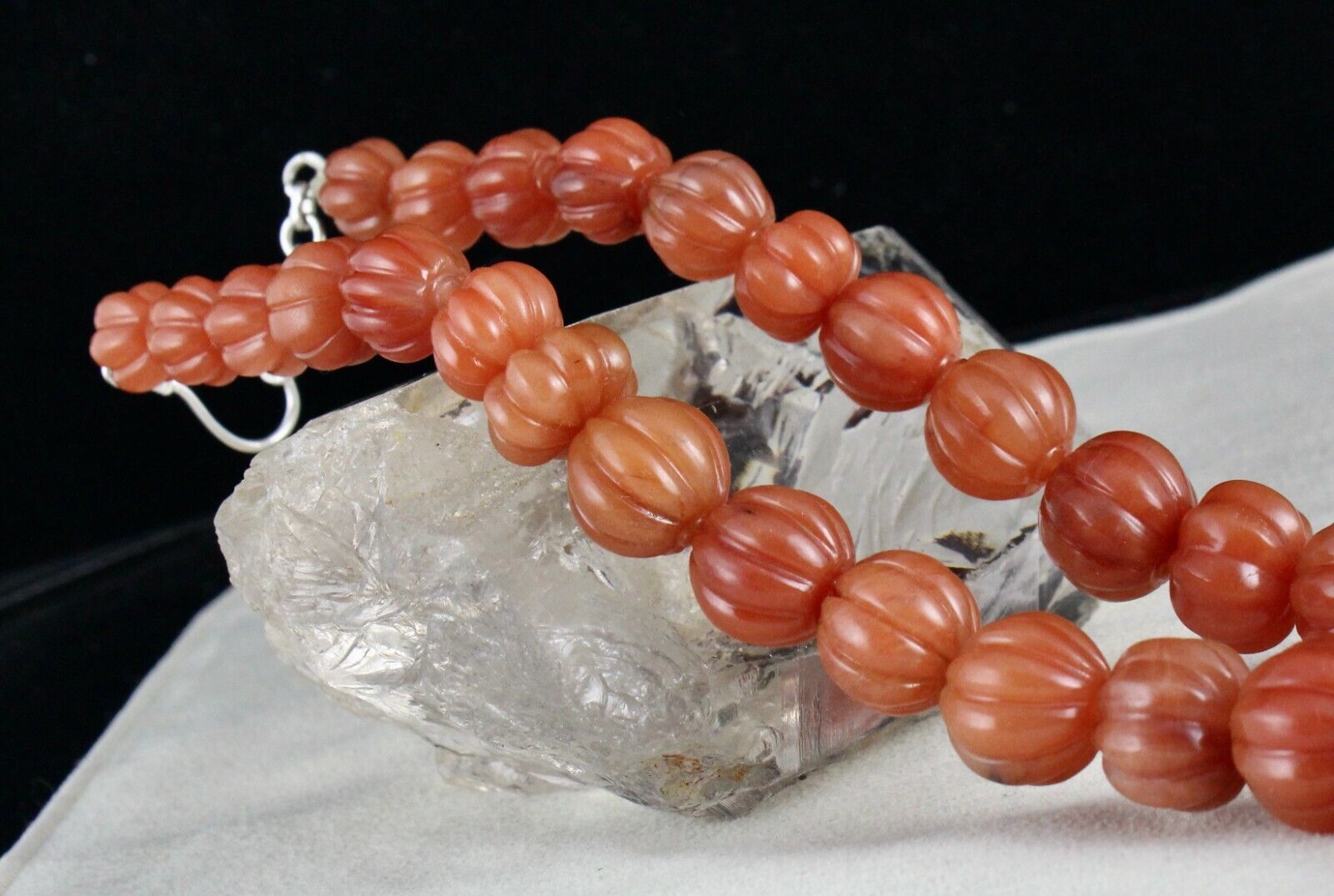 Natural Orange Quartz Carved Melon Beaded Necklace 960 Carats Stone Silver Clasp