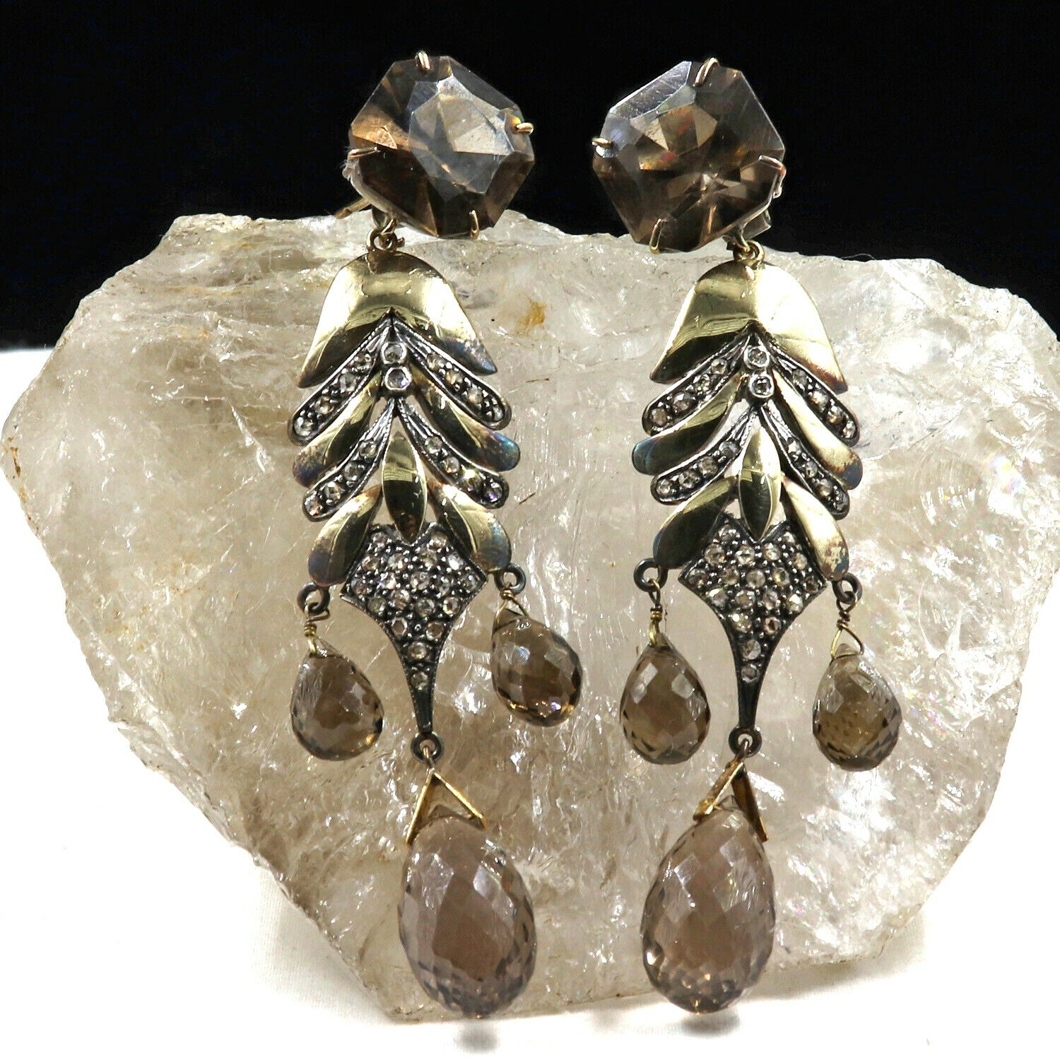 Certified Natural Smoky Quartz 141.9ct Natural Diamond Sterling Silver Earrings