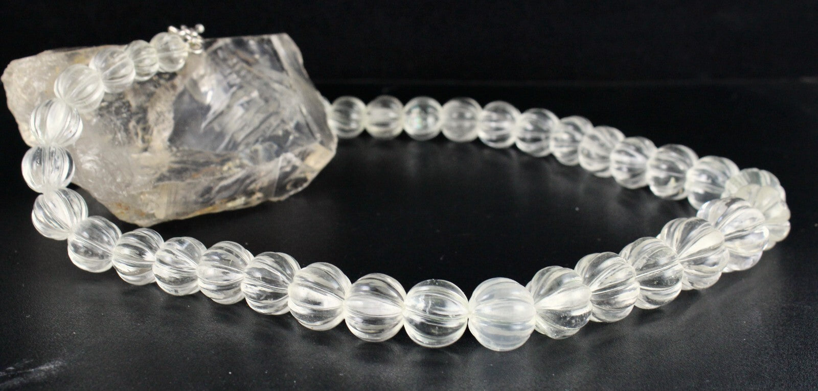 Sterling Silver Natural Rock Crystal Quartz Melon Beaded Necklace 1169 Ct