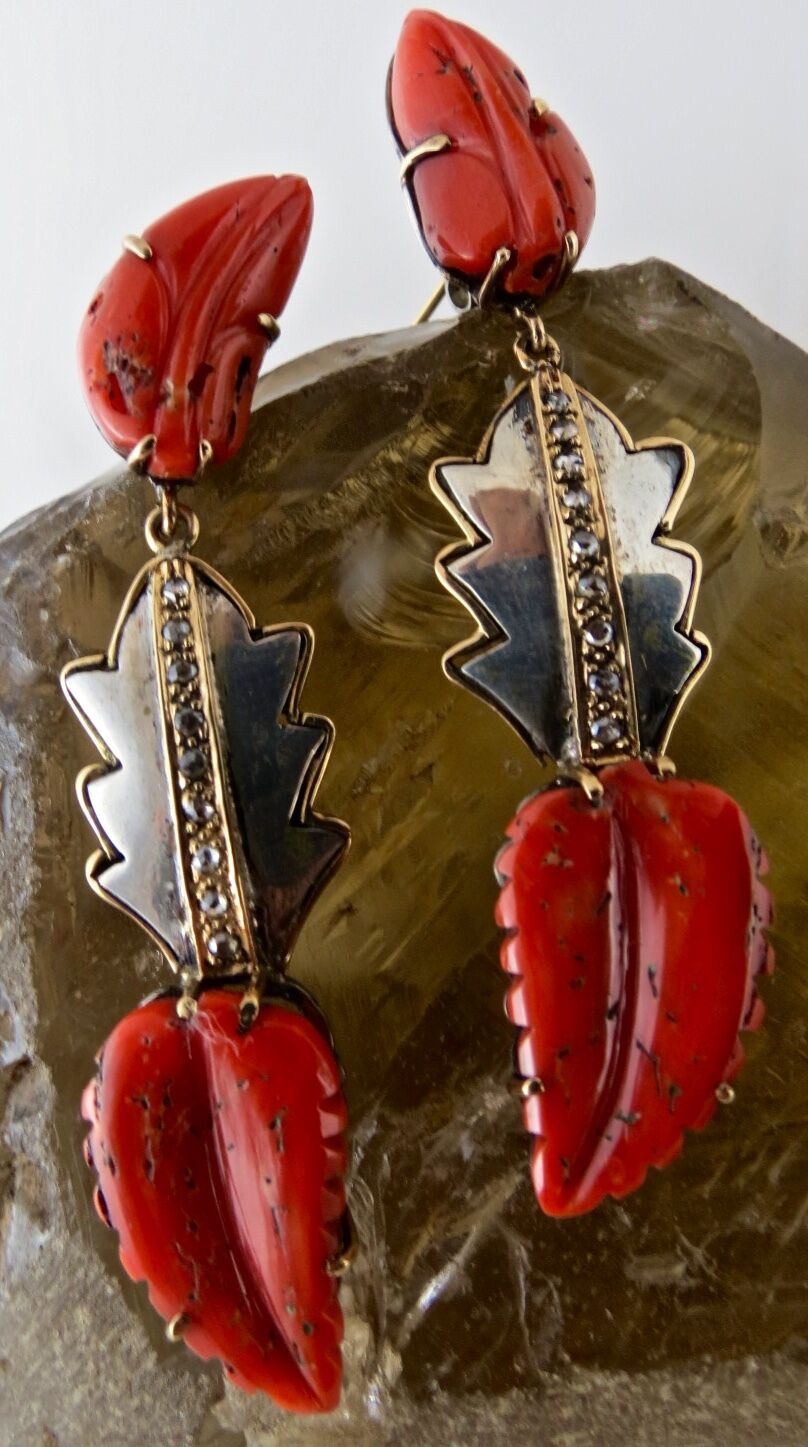 NATURAL CORAL CARVED 19.50 CARATS LEAVES DIAMOND 925 SILVER 18K GOLD EARRING