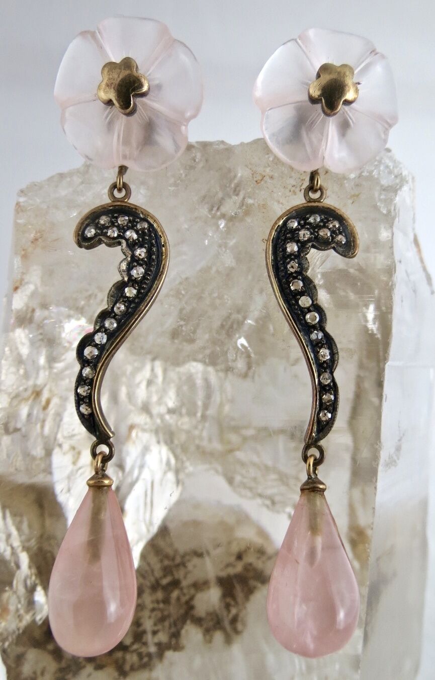 NATURAL ROSE QUARTZ CARVED FLOWER DIAMOND 18 K GOLD 925 SILVER VICTORIAN EARRING
