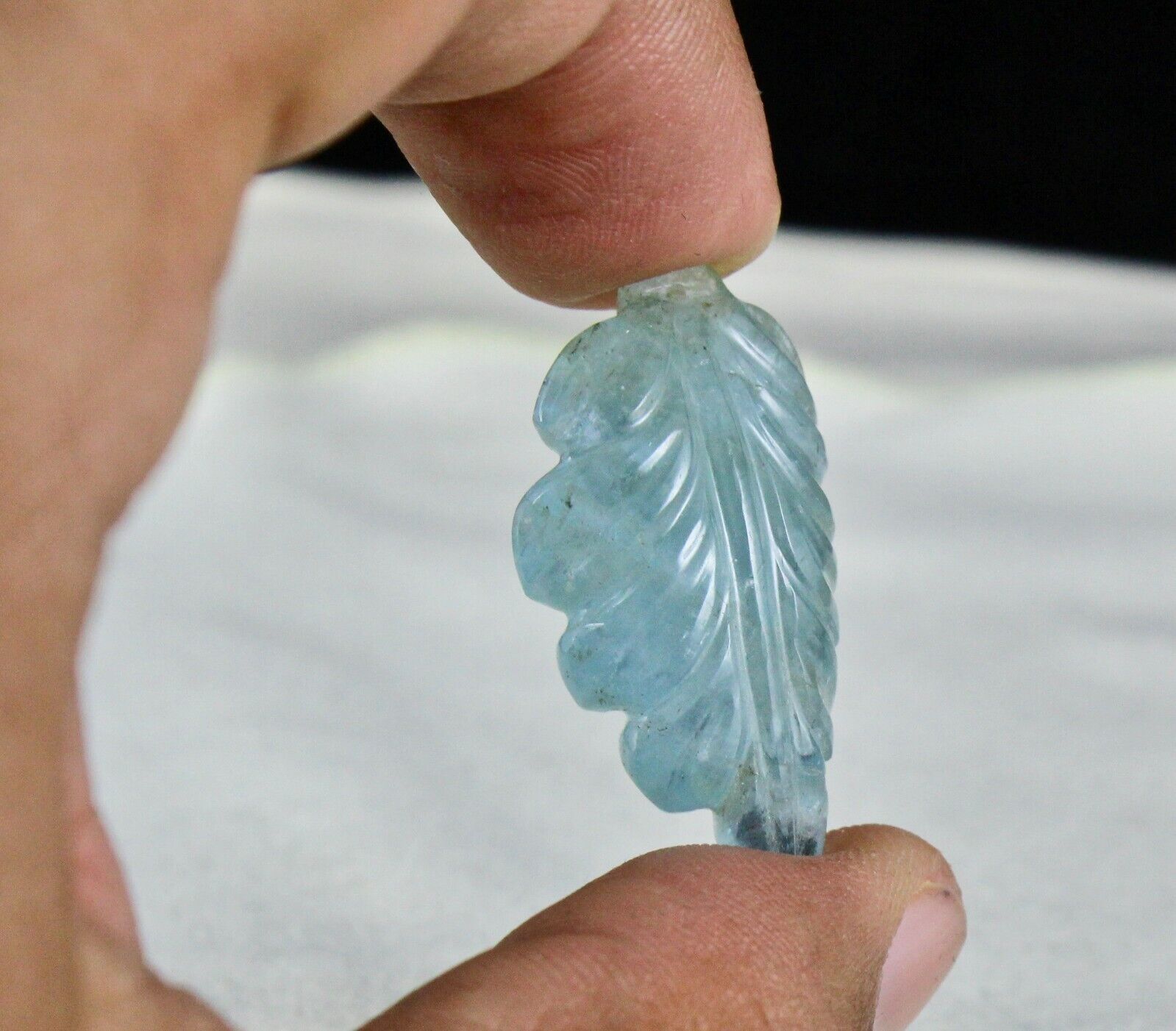 Estate Natural Blue Aquamarine Carved Leaf 30.09 Ct Gemstone Pendant Designing