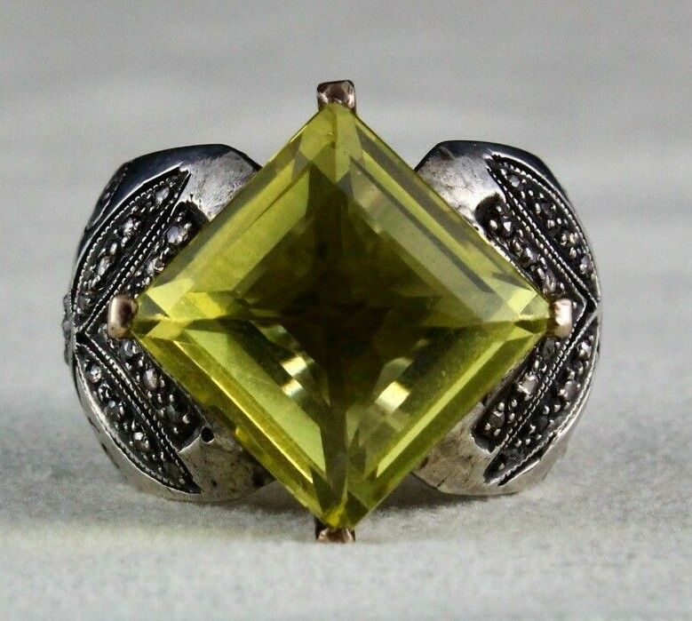 NATURAL LEMON QUARTZ GEMSTONE DIAMOND 18K GOLD SILVER COCKTAIL VICTORIAN RING