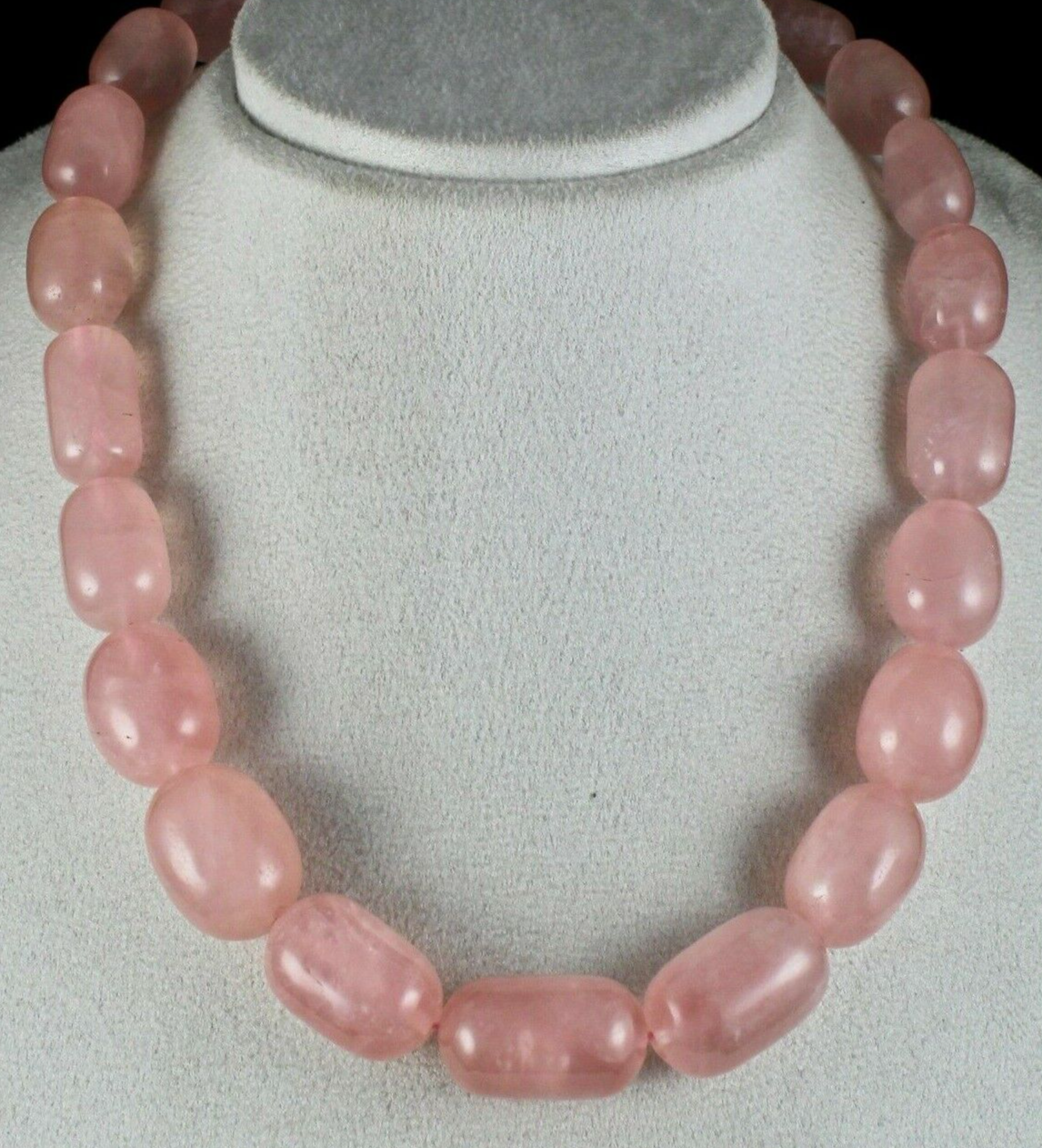 NATURAL ROSE QUARTZ BEADS LONG CABOCHON 1099 CARATS GEMSTONE SILVER NECKLACE