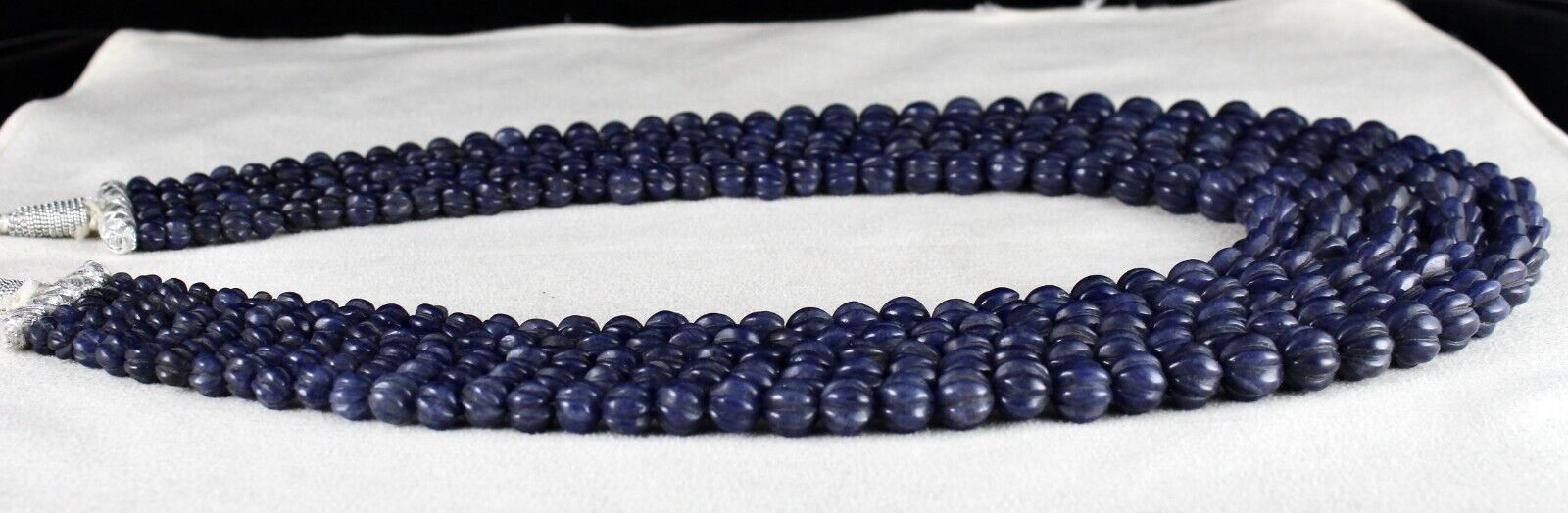 NATURAL BLUE JADE BEADS CARVED ROUND GEMSTONE 5 LINE 977 CTS FASHION NECKLACE