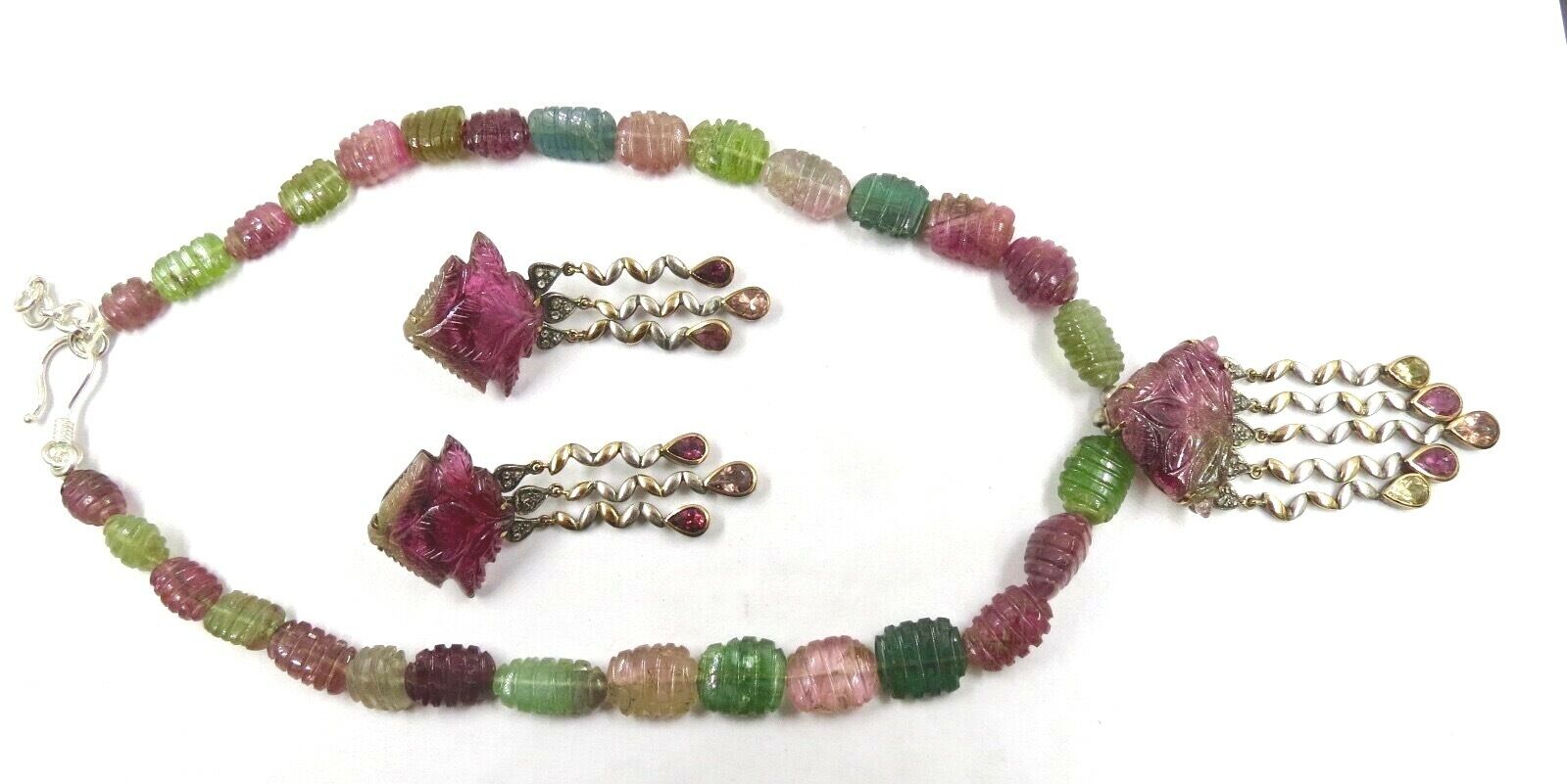 MULTI COLOUR TOURMALINE CARVED BEADS DIAMOND 18K GOLD SILVER PENDANT EARRING SET