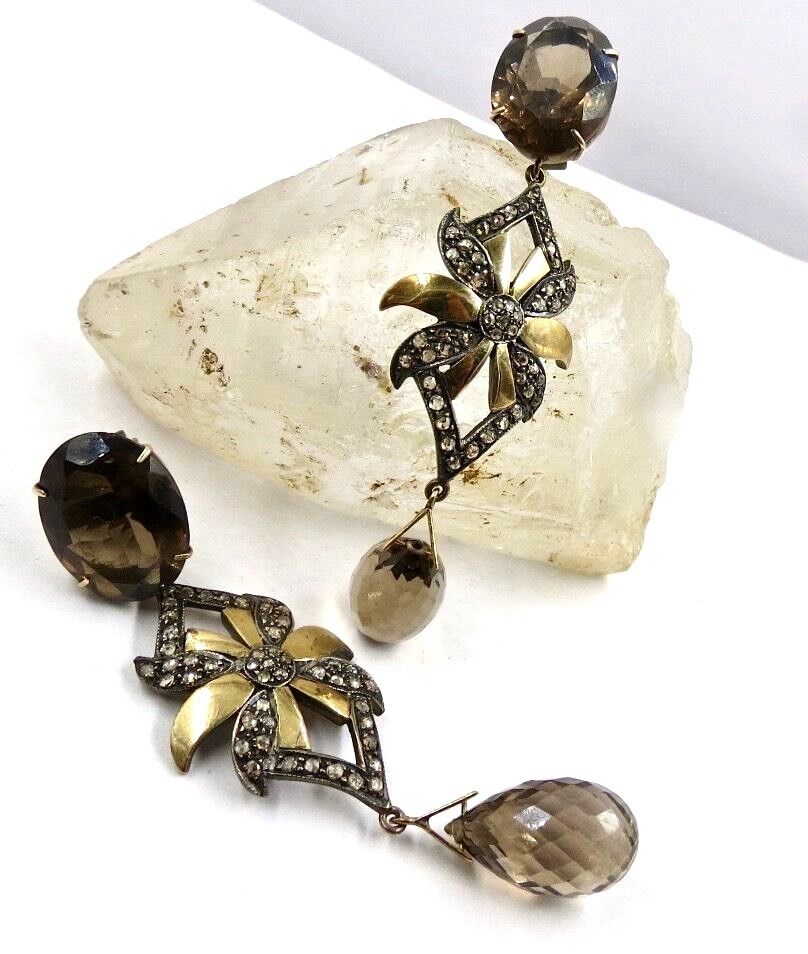 NATURAL SMOKY QUARTZ CUT GEMSTONE DIAMOND 18K GOLD VICTORIAN SILVER EARRING