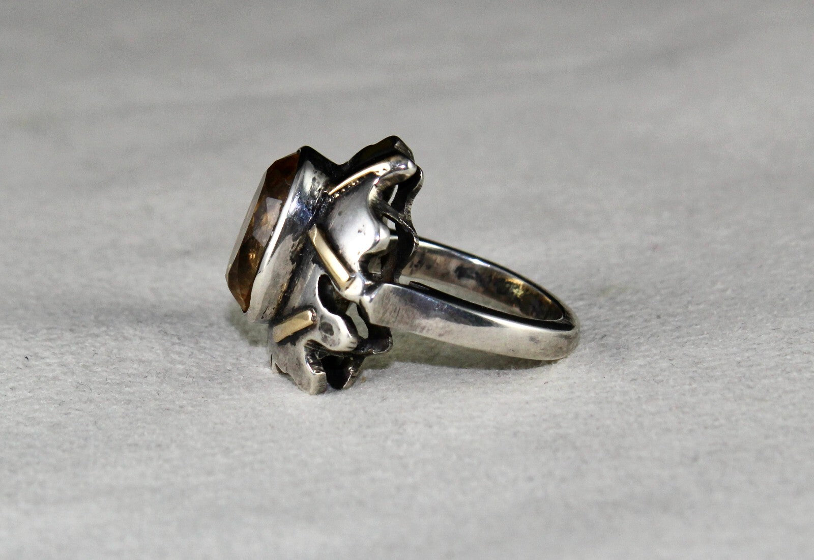 Vintage Natural Yellow Citrine 10ct Natural Diamond 18k Gold Silver Ring