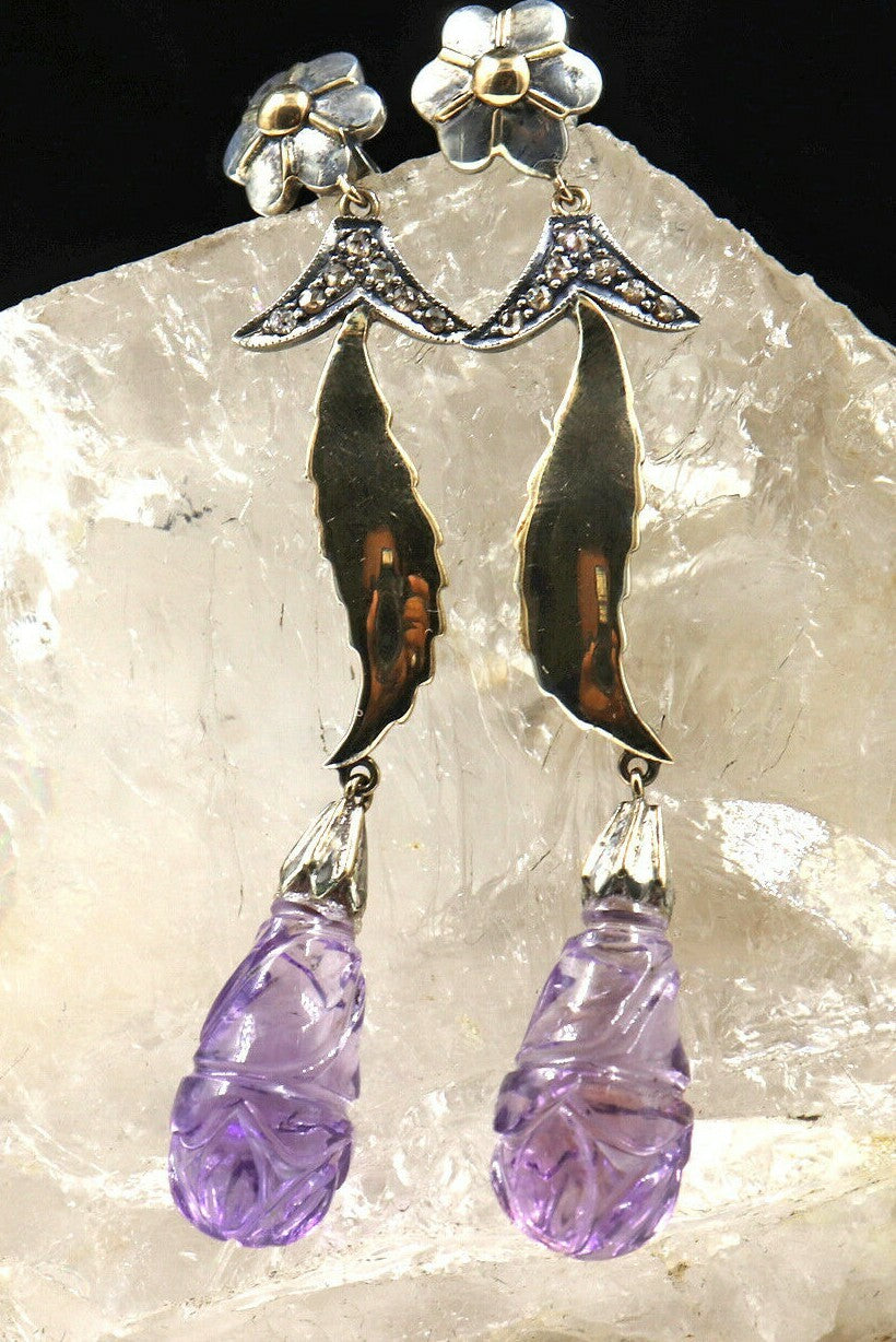 Victorian 18k Gold & 925 Sterling Silver Amethyst 10ct Natural Diamond Earring