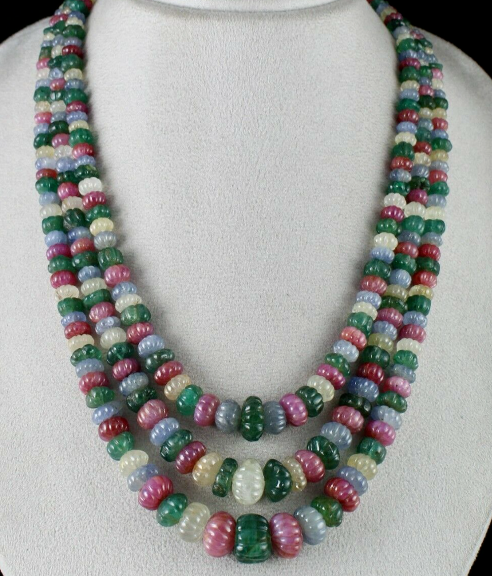 Certified Natural Emerald Ruby Sapphire Beads 1173 Ct Melon Carved Fine Necklace