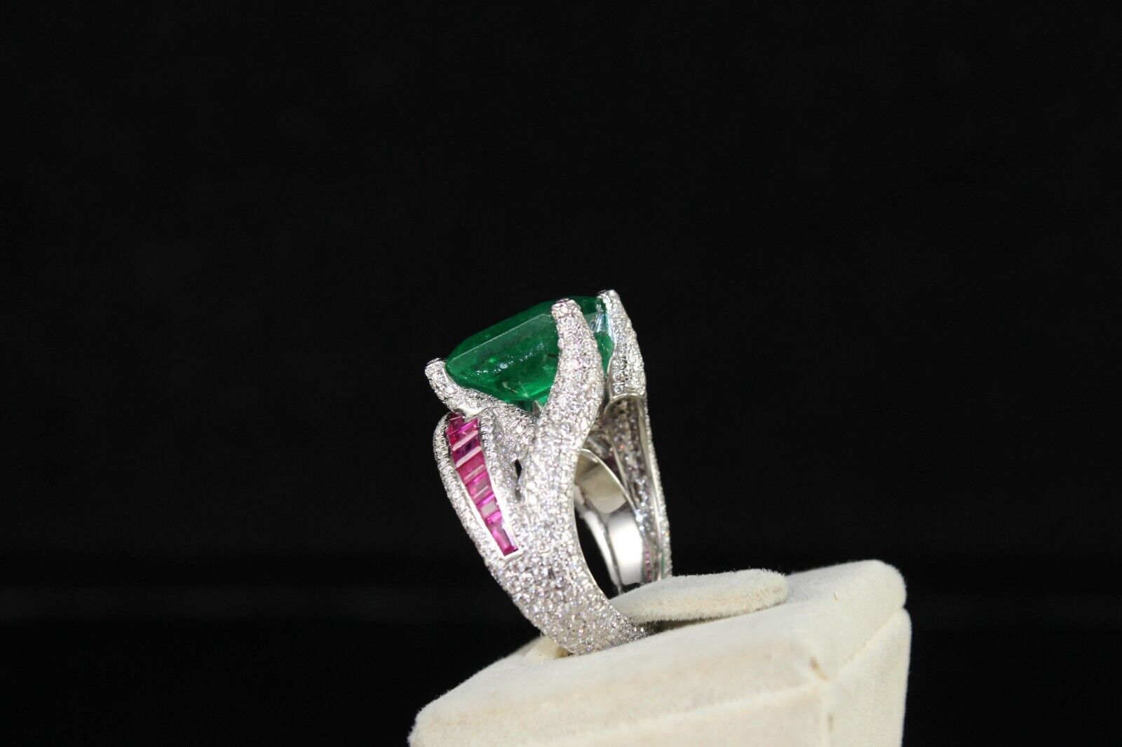 Zambia Emerald Octagon Ruby Cut Diamond Cocktail Ring, 18K Gold Statement Ring