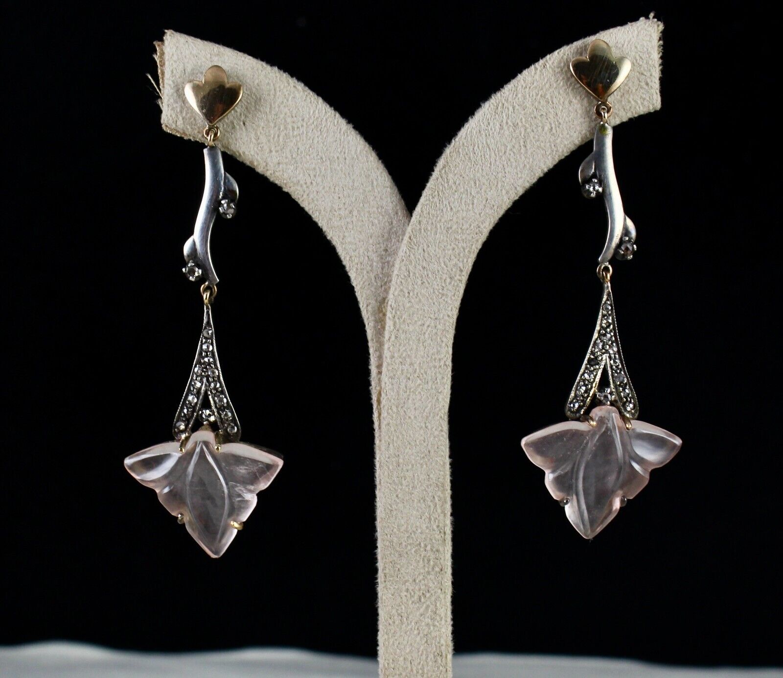 NATURAL ROSE QUARTZ CARVED LEAF DIAMOND 18K GOLD 925 SILVER VICTORIAN EARRING