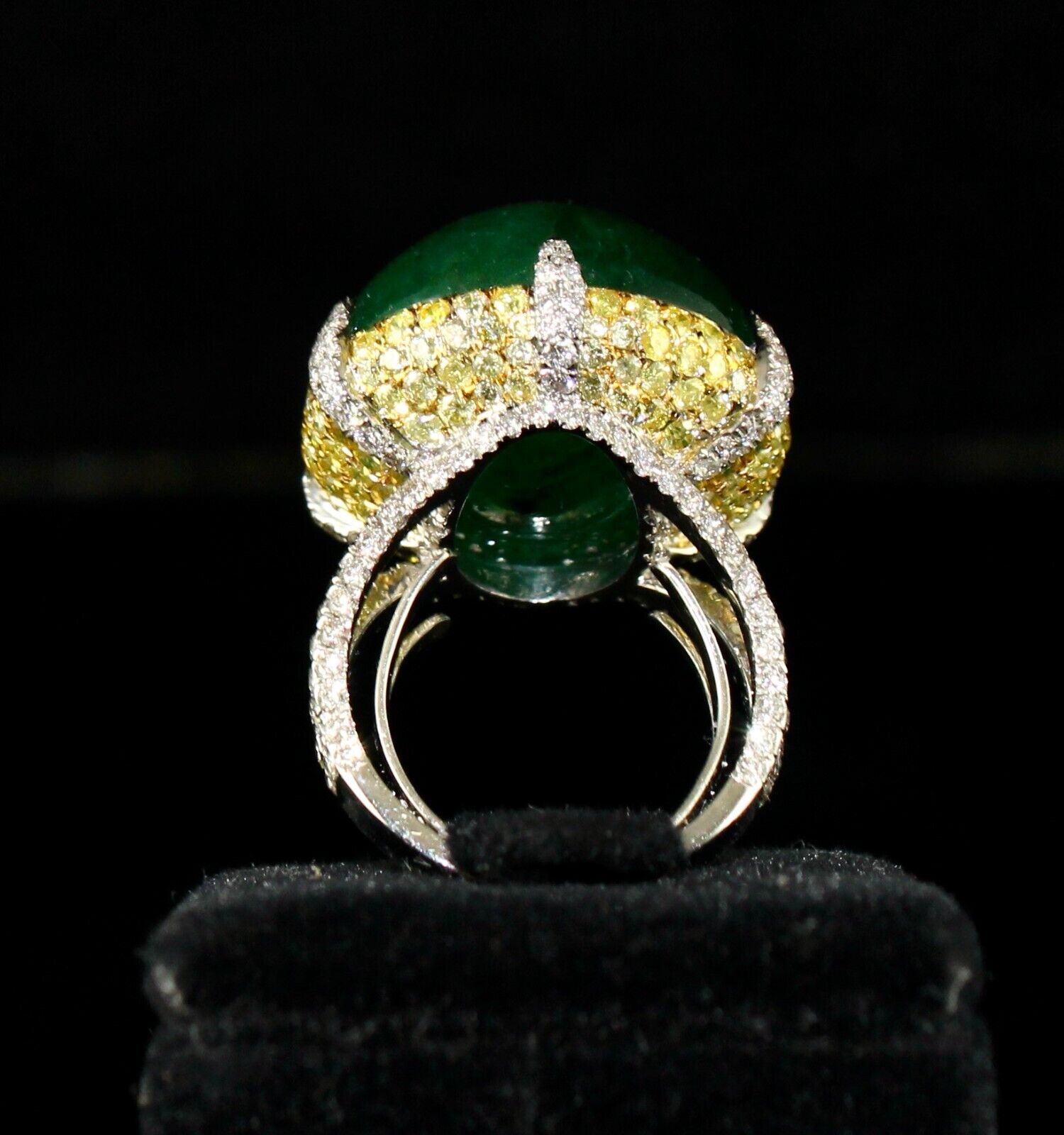 Natural Zambian Emerald Cabochon Yellow Diamond 18K Gold Gemstone Statement Ring