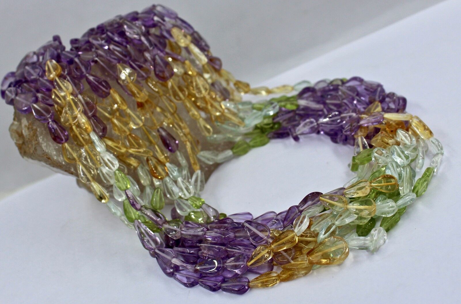 MULTI COLOUR PERIDOT CITRINE AMETHYST 10 LINE 18" GEMSTONE FANCY BEADS NECKLACE