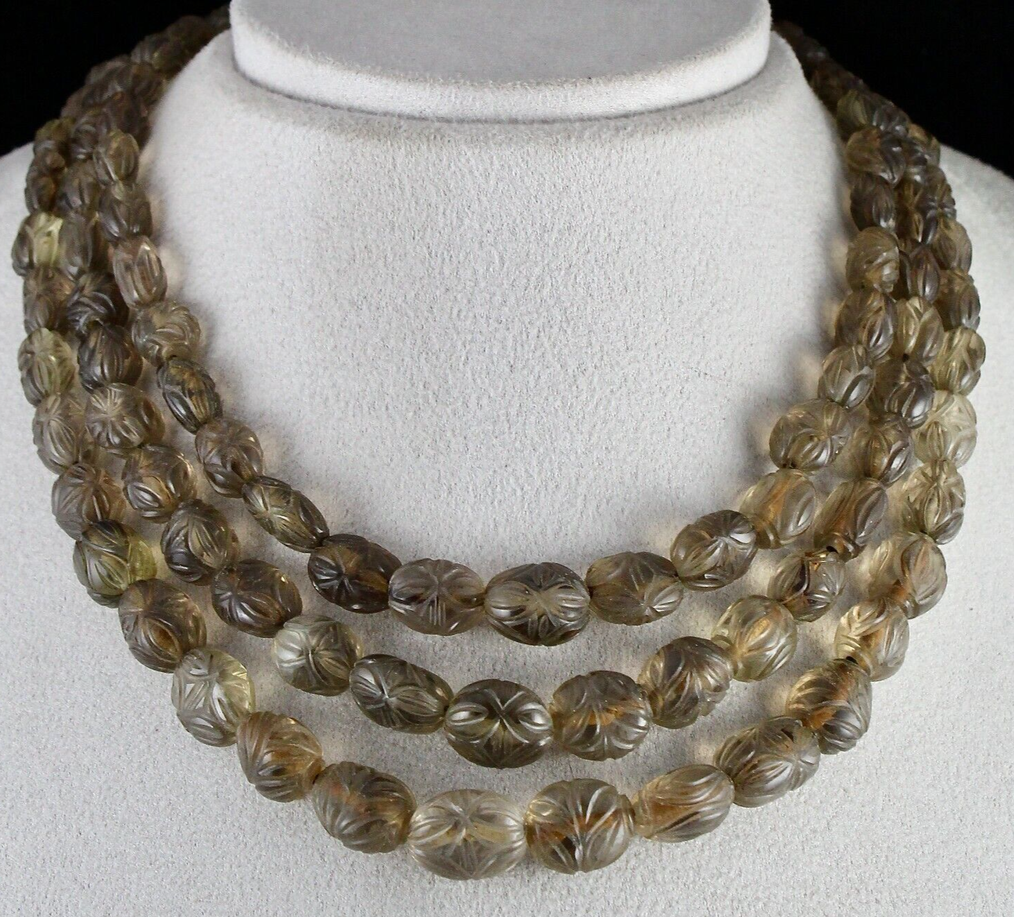 Natural Smoky Quartz Beads Melon Carved Necklace 746 Ct Gemstone 3 Line