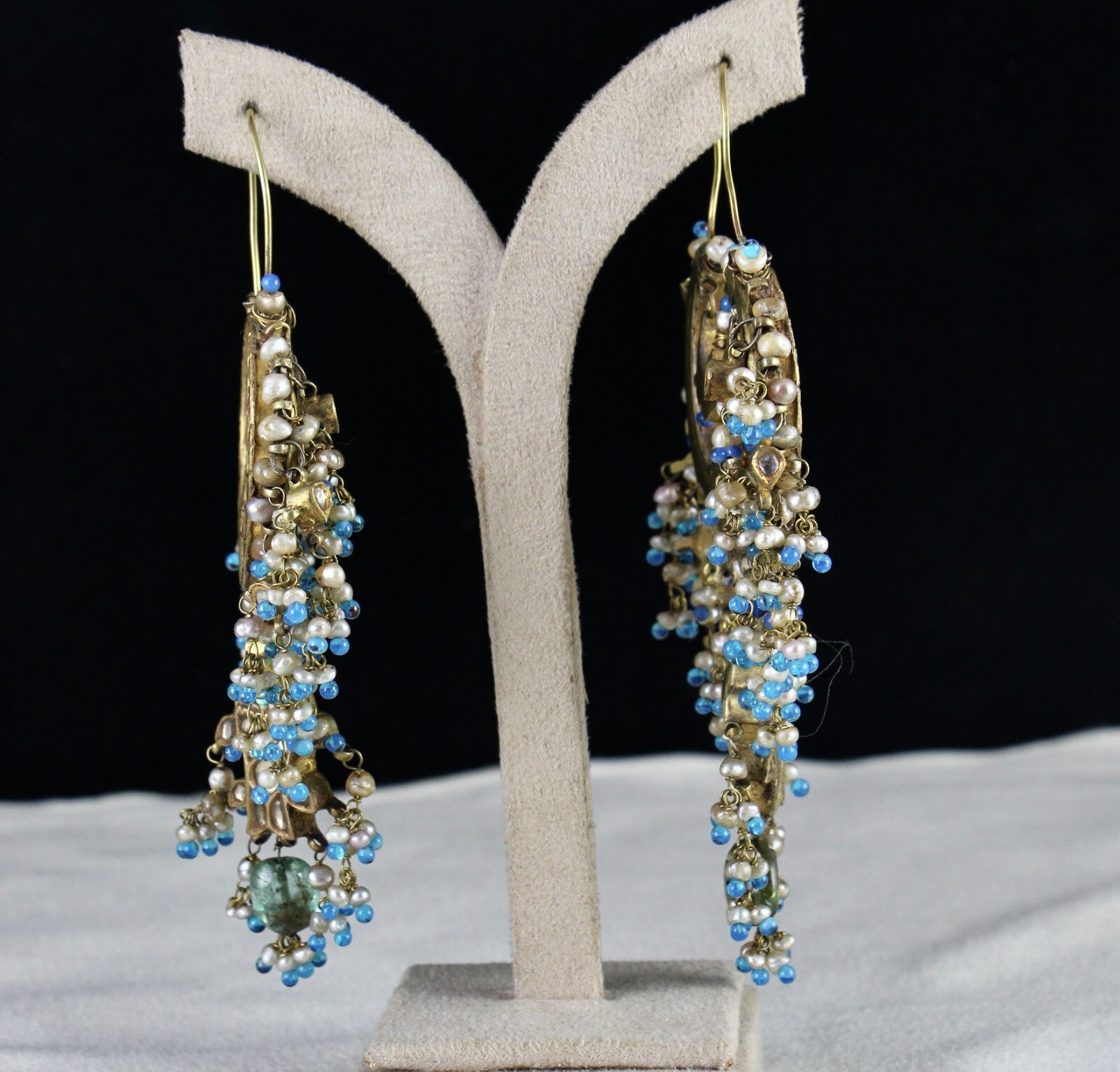 Certified Antique Jadau Chandbali Earrings 22k Gold Gemstone Pearl 10ct Dangle