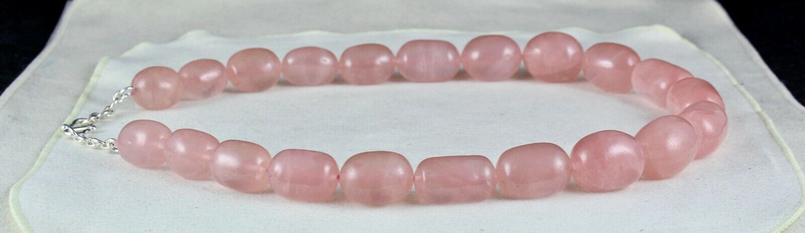 NATURAL ROSE QUARTZ BEADS LONG CABOCHON 1099 CARATS GEMSTONE SILVER NECKLACE