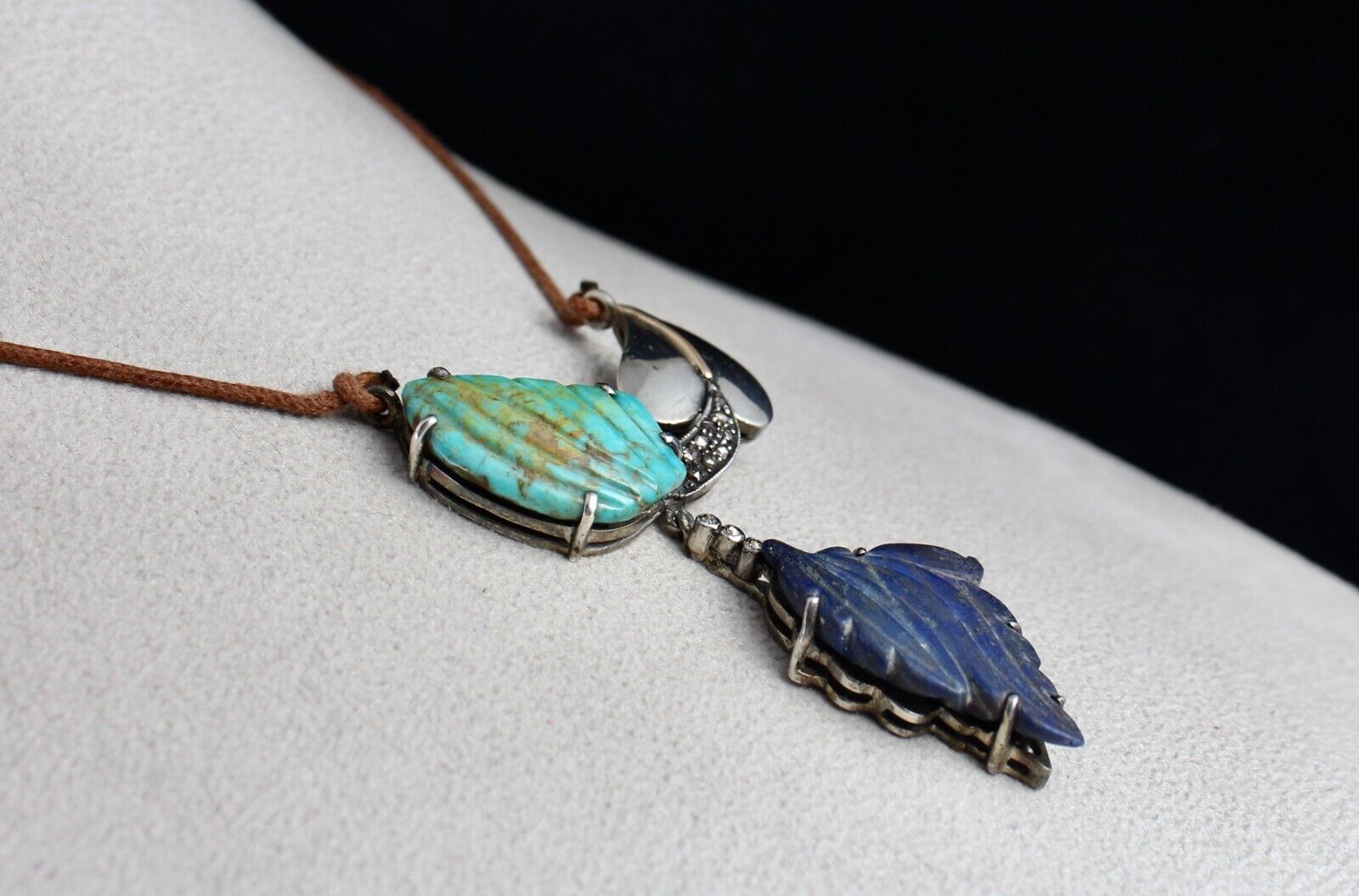 TURQUOISE LAPIS LAZULI CARVED LEAF DIAMOND VICTORIAN 925 SILVER & GOLD PENDANT