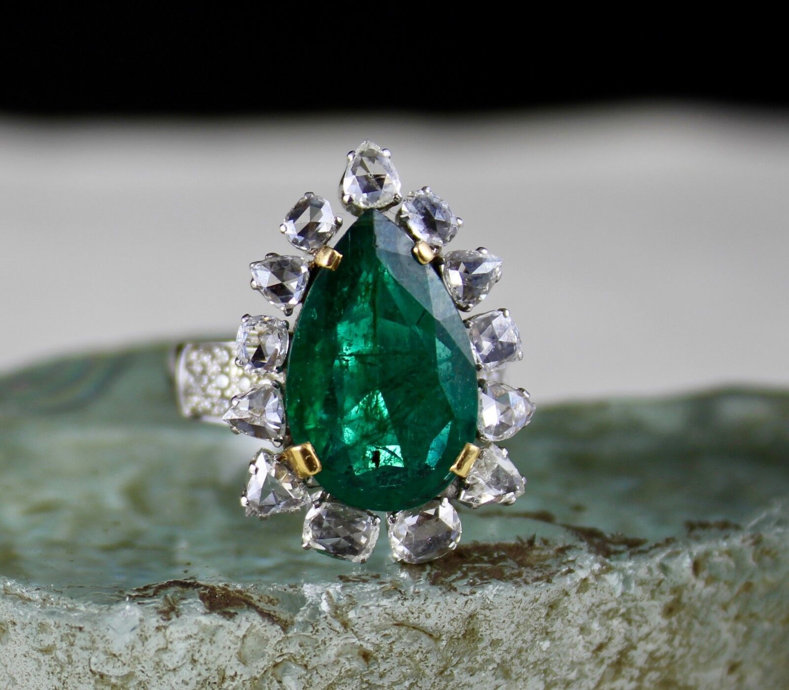 Natural Zambian Emerald Pear Cut Rose Cut Diamond 18K Gold Cocktail Ring