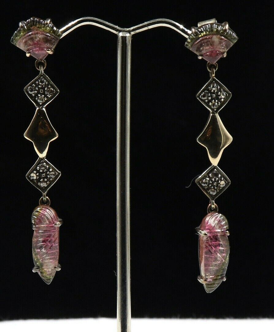 Estate Natural Multi Tourmaline Carved Diamond 18K Gold Silver Victorian Earring