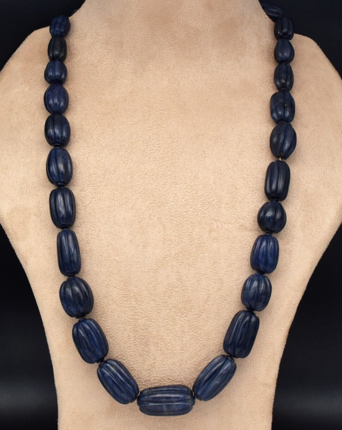 Vintage Blue Jade 861 Ct Long Carved Beads Necklace Sterling Silver Hook