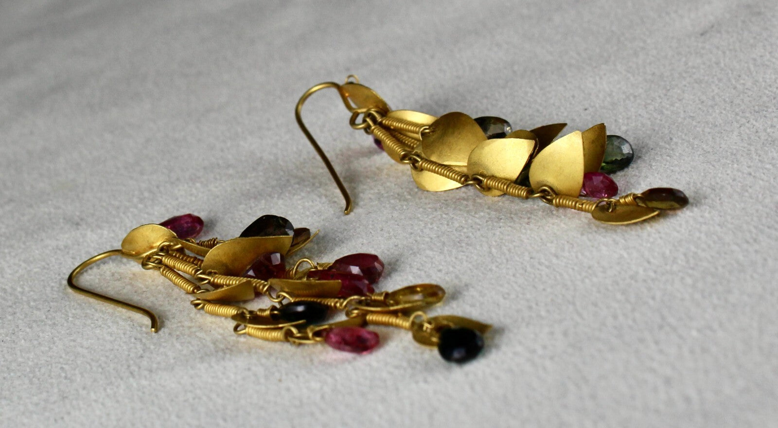 Certified Multi Colour Tourmaline 59ct Teardrops 18k Gold Leaf Earrings