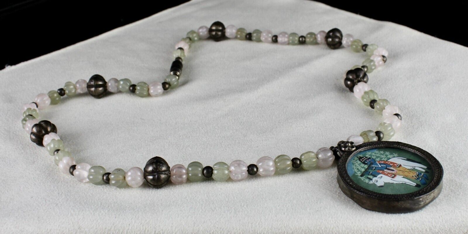 Old Krishna Painting Silver Pendant Rose Quartz Jade Carved Stone Beads Necklace