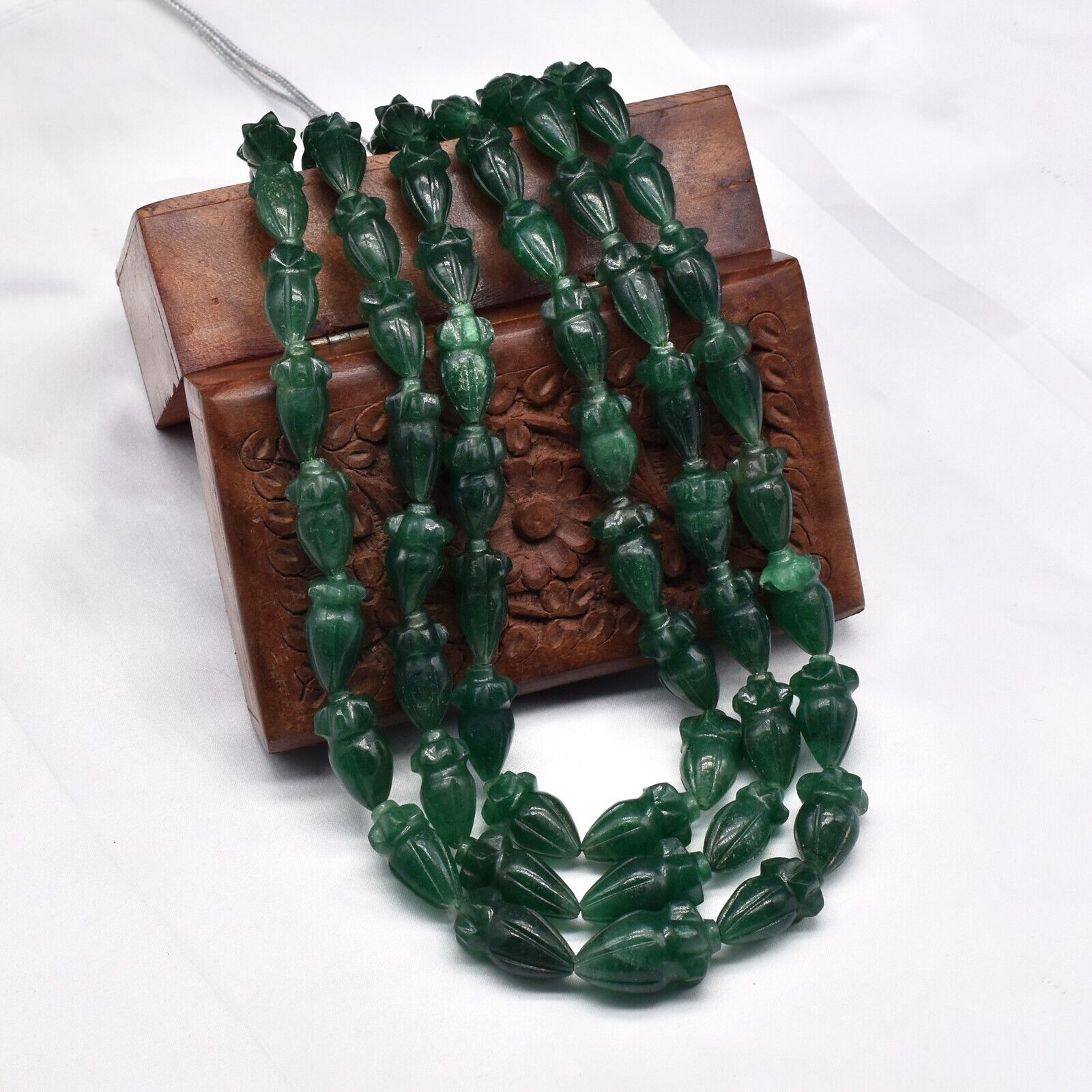 Natural Green Quartz Engraved Beaded Necklace 3 Line 1247 Ct Old Carved Gemstone