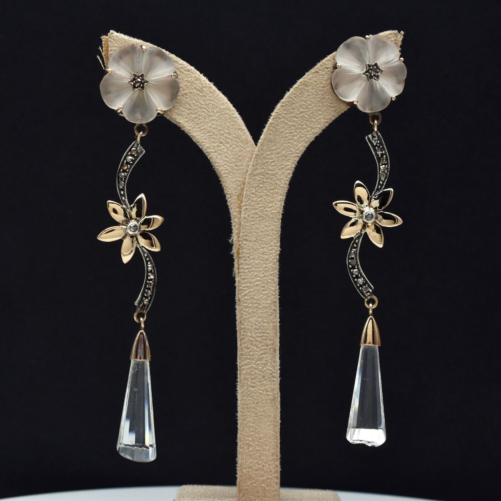 Natural Rock Crystal Quartz Carved Diamond 18K Gold & Silver Victorian Earring