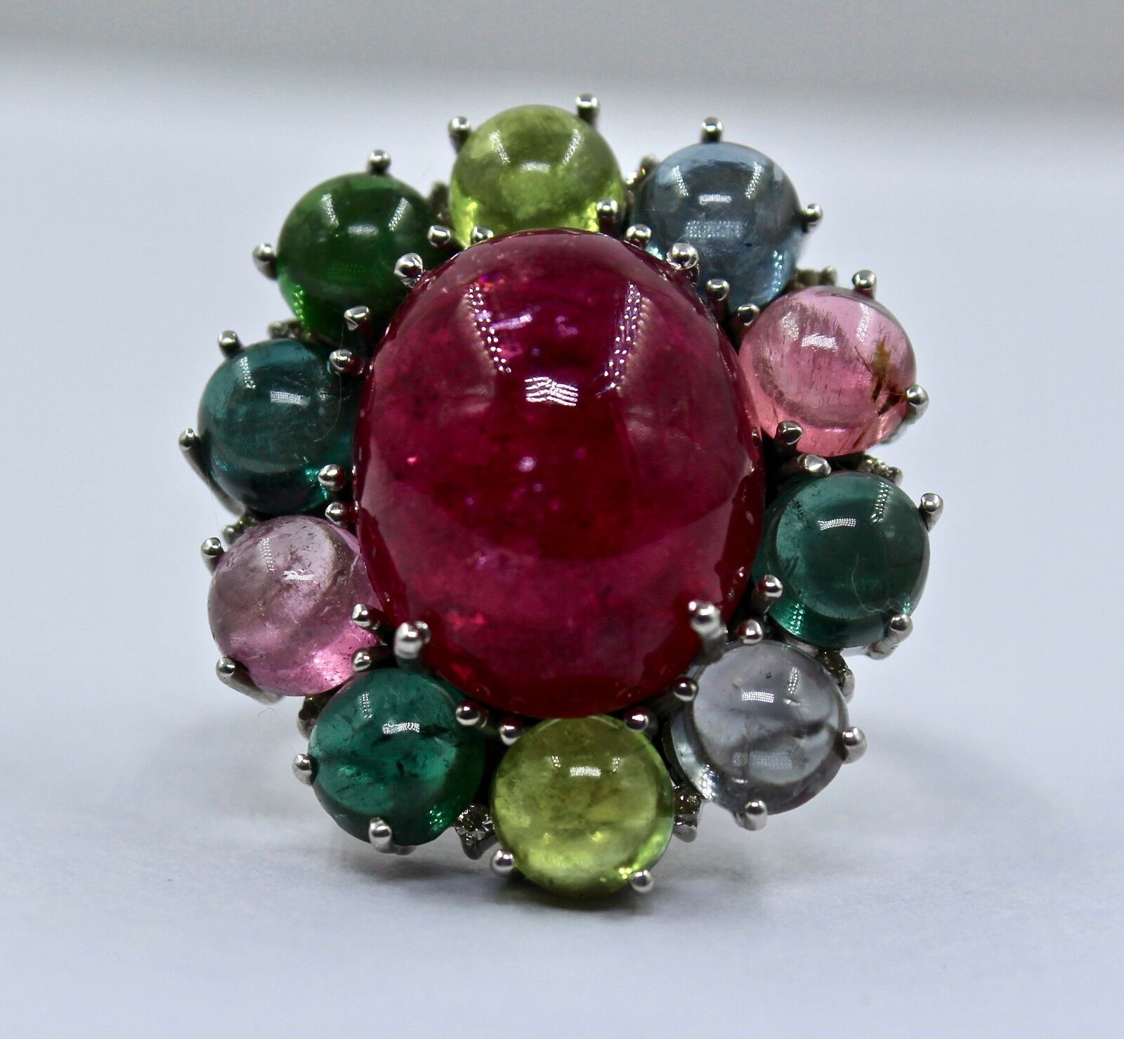 MULTI WATERMELON TOURMALINE CABOCHON DIAMOND 925 SILVER LADIES COCKTAIL RING