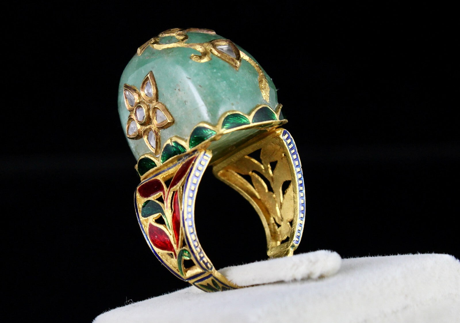 Antique Natural Colombian Emerald 10ct Diamond Kundan Meena Jadau Certified Ring