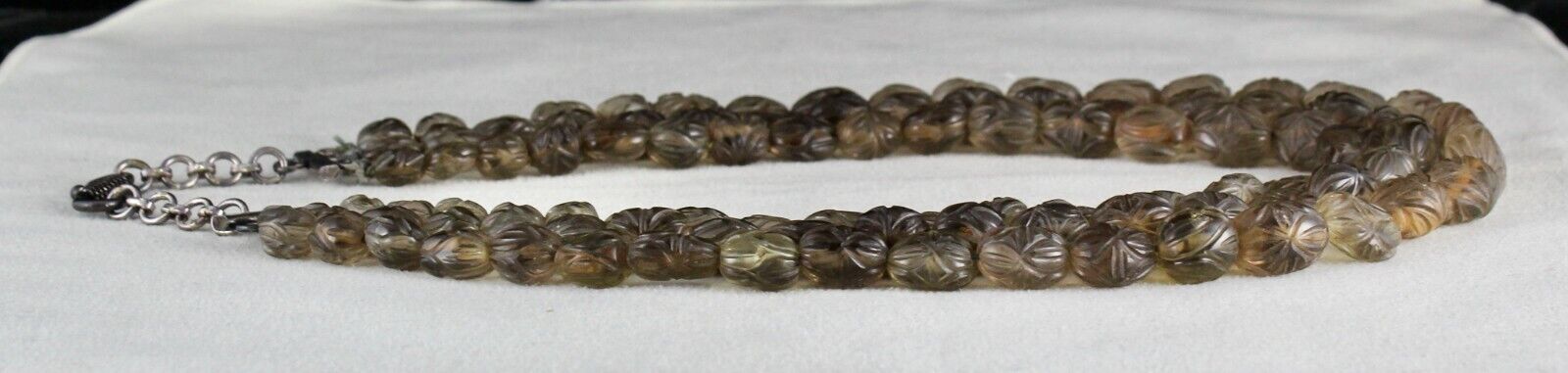 NATURAL SMOKY QUARTZ BEADS CARVED MELON 3 LINE 746 CARATS GEMSTONE NECKLACE